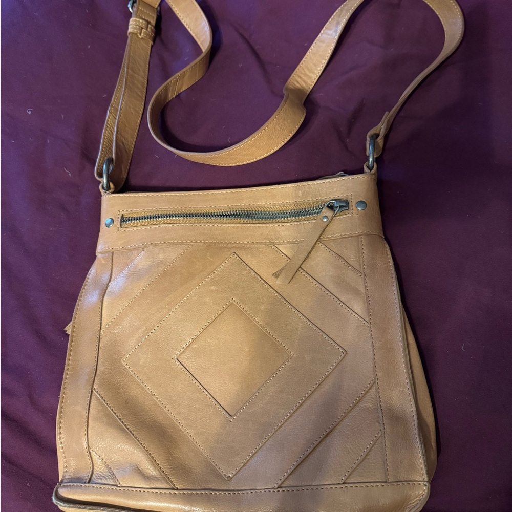Lucky Brand Tan Leather Crossbody Bag with Geometric Stitching